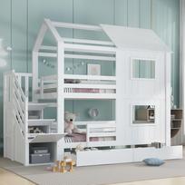 Bunk Bed, Children's Bed, Stair Cabinet with Storage Compartments, Storage Drawer with Wheels, Pine + MDF + Plywood, White, 90x200cm 253 x 95 x 218 cm balta