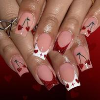 Short Length Press On Nail Red Glossy French Design with Valentine Heart Glitters 24Pieces False Nail for Weddings Date 1 brown