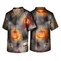 Men's Halloween Print V-Neck Scrub Top with Pockets Short Sleeve S gray