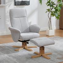 Nordic multifunctional swivel relax armchair with stool, chenille fabric, solid wood base with metal support for a stable design. Gray pilka
