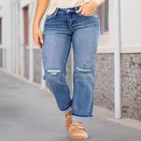 Women's Mid Rise Straight Leg Ripped Jeans Stretch Denim Trousers Vintage Casual Long Denim Pants For Plus Size Women 0XL mėlyna