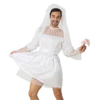 Mens Bride Drag Queens Groom Costume Funny Comedy Costume Outfits Bridal Veil White Wedding Dress with Belt for Man 1 balta