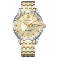 CITIZEN COLLECTION NY4057-63P Automatinis mechaninis vyriškas laikrodis su auksiniu ciferblatu, safyro stiklu, 42 valandų energijos rezervu beige