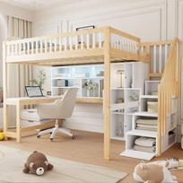 Loft Bed, 140x200cm, With LED Lights, Storage Ladder, Shelves, Storage Compartments, Desk, without Mattress, White+Natural 251 x 145 x 161 cm