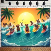 2D flat banner 1 piece. Beach surfing dog tropical sunset theme background featuring palm trees and waves - summer party 47.2x31.5inch/120*80cm orange