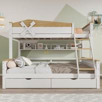 Bunk Bed with Windmill, Shelves, Color-Contrasted Safety Rail, Four-Step Angled Ladder and Drawers, Pine+MDF, White+Natural, 90x200cm&140x200cm 205 x 145 x 155 cm