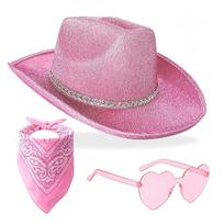 Glittering Cowboy Hat Bandana Sunglasses Costume Women Men Musical Festival Dress Up Costume Bachelorette Party Props rožinė