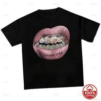Pilkos Spalvos Blizgūs Lūpai Su Sidabriniais Deimantiniais Grillz Hip Hop Grafinis Marškinėlis Aukštos Gatvės Rap Mada Laisvi Laisvalaikio Trumpomis Rankovėmis Marškinėliai 4XL gray