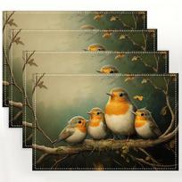 Robin Family Table Mats Linen Placemats with Vibrant Bird & Floral Design, Perfect for Dining, Kitchen, and Holiday Decor 4PCS