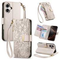 Case for iPhone 15 Pro Max, PU leather flip case with card holder and wrist strap pilkšvai balta