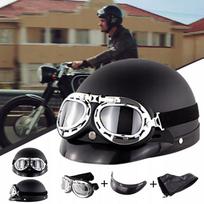 Motociklininko šalmas su retro akiniais, juodas komplektas
