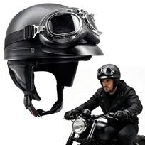Retro stiliaus juodas motociklo šalmas su akiniais
