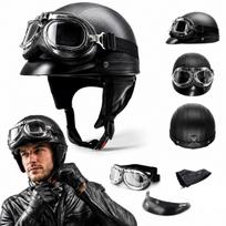 Motociklo šalmas su akiniais, retro stiliaus, juodas, 52–62 cm