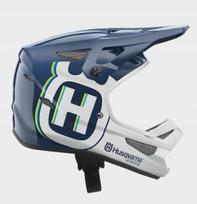 Vaikiškas motociklininko šalmas Husqvarna 100%, baltas/tamsiai mėlynas, M dydis