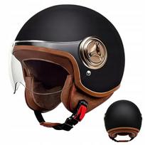 Motociklininko šalmas Elegant Neo-Retro, juodas matinis, su oda