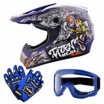 Krosinis šalmas XL su akiniais ir mėlynomis enduro pirštinėmis, dviračiui, BMX, keturračiui, paspirtukui