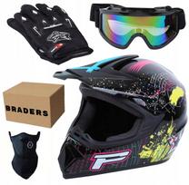 Motociklininko rinkinys: L dydžio šalmas, akiniai, pirštinės, enduro/keturračio kaukė