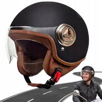 Motociklininko šalmas Neo-Retro, juodas matinis, odinis