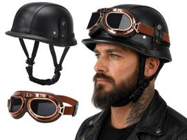Atviras motociklo šalmas, retro stiliaus, L dydis (58-59 cm), su akiniais, juoda oda