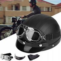 Motociklo šalmas PEANUT, juodas, su retro stiliaus skydeliu ir akiniais