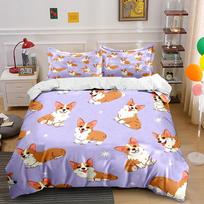Cartoon corgi pattern purple background Print Bedding Set 1 Duvet Cover 2 Pillowcases for Adult Children Luxury Gift Full Size 135x200cm white