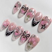 30Pcs Valentine Pink Tulip Strawberry Bow Black French Tip Press On Nails Sweet Fake Nail Tips gray