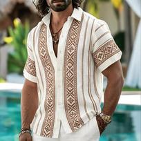 Summer Essential! Men's Ethnic Pattern Short Sleeve Shirt S white