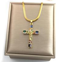 Fashion Zircon Jesus Cross Pendant Necklace for Women Men Gold Plated Shiny Crucifix Colorful Crystal Necklaces Jewelry NGG42 beige