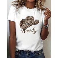 Howdy Leopard Print Cowboy Hat Print T-shirt, Short Sleeve Crew Neck Casual Top for Summer & Spring, Women's Clothing XL juoda