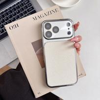CD Patterned Lens With Lychee Skin Case for iPhone 17 16 15 14 Pro Max Bumper Shockproof Pattern Side Large Viewing Window Cover iPhone17 gray