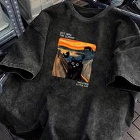 Fun Screaming Black Cat Print T-shirt Vintage Washed Large-sized Top Stylish Short Sleeves Summer Clothing S
