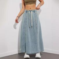 Cross-border foreign trade Amazon European and American source factory wholesale design sense elastic waist drawstring big swing skirt denim skirt S šviesiai mėlyna spalva