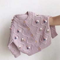 Pom Pom Design Knitted Cardigan Warm Girls Coat High Quality Outerwear  Autumn 120 violetinė