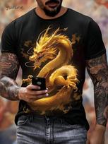 Vintage Dragon Pattern Men's T-Shirts Summer Outdoor Men's Clothing Round Neck Men Short Sleeved Tee Printing Breathable Men Top S brown