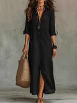 European & American Cross-Border Casual Loose Cardigan Dress - Solid Color, Lapel, Front & Back Slit, Long Holiday Dress (2026 Edition) M juoda