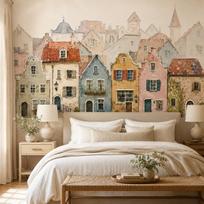 Vandeniniais dažais tapytas Olandijos miestelio sienos tapetas, Kotedžo tapetai, Nordic namų dekoras, Miegamojo foninė siena, Reikalingi klijai, Ne lipni 100X70CM beige