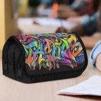 1pc Double Layer Flip Pencil Case - Vibrant Graffiti Fantasy, Large Capacity, Portable Polyester Pen Storage Bag with Zipper Closure, Ideal for School 20x9x11cm gray