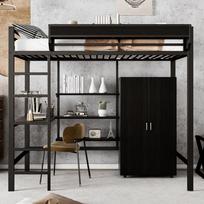 Iron Bed, Bunk Bed, For Children and Adolescents, With Desk and Wardrobe, Storage Compartments, With 5-Step Ladder, Iron+Chipboard, Black, 90x200cm 205 x 95 x 180 cm juoda