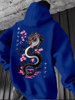 Men's retro dragon print hooded sweatshirt, loose and comfortable, suitable for everyday wear. S blue