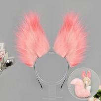 Plush Fox Ears Hairbands Fluffy Tail Cute Furry Fursuit Anime Cosplay Props Women Party Role Playing Costume Accessories pink