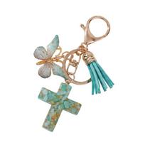 Creative Sequin Cross Pendant Keychain Tassel Resin Butterfly Keychain Exquisite Bag Hanging Key Decor žalia