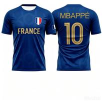 Mbappe 10 Futbolo marškinėliai Subtilus šešiakampis žakardinis raštas Auksiniai užrašai Prancūzijos skydo herbas Apvali apykaklė Dvipusis spaudinys S blue