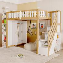 Multifunctional Loft Bed 90x200cm with Shelves, Storage Cabinet and Large Wardrobe, White + Raw Wood Color, The old SKU is LDB00283AAN 290 x 96.5 x 173 cm