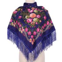 Ethic Style Floral Print Shawl Fringed Elegant Soft Warm Fall Winter Middle-Aged Elderly Women Square Blanket Scarf Neck Wrap tamsiai mėlyna spalva