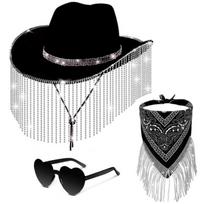 Stylish Cowgirl Hat Wide Brim Cowboy Hat with Square Neck Scarf & Glasses for Bachelorette Parties and Costume Event juoda
