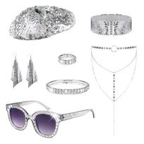 60s 70s 80s Disco Accessories Halloween Fancy Dress Costume Disco Costume Outfits,Sequins Caps Necklace Earrings Rings gray