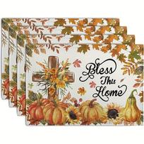 Autumn Cross Pumpkin Placemats, Sunflower Maple Leaf Orange Linen Country Farmhouse Decor Kitchen Table Mats 4PCS 4Pcs
