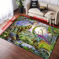Dinozaurų pasaulio 3D kilimas vaikų žaidimų kambariui Juros periodo nuotykisKilimas su priešistoriniais padarais Neslystantis kilimas gali būti skalbiamas mašinoje 50cm x 80cm black