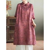 Women's New Chinese Style Embroidered Linen Blouse Mandarin Collar Frog Button Mid-length Tea Tunic L raudona