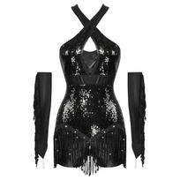 Womens Cross Front Sequins Tassel Leotard Shiny Latin Dance Costume Metallic Gloves S juoda